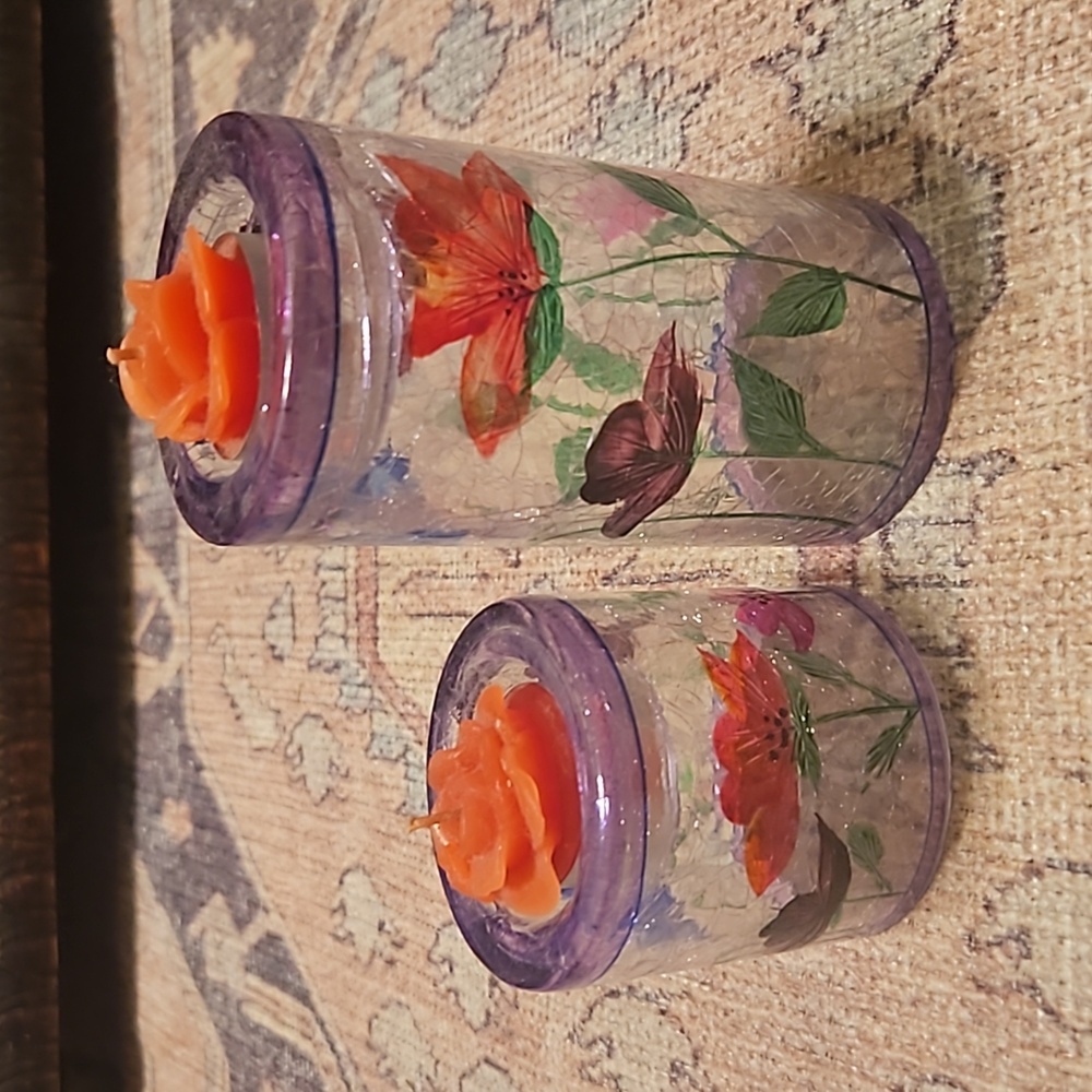 ART GLASS, colorful candle holder stands with hand painted flowers